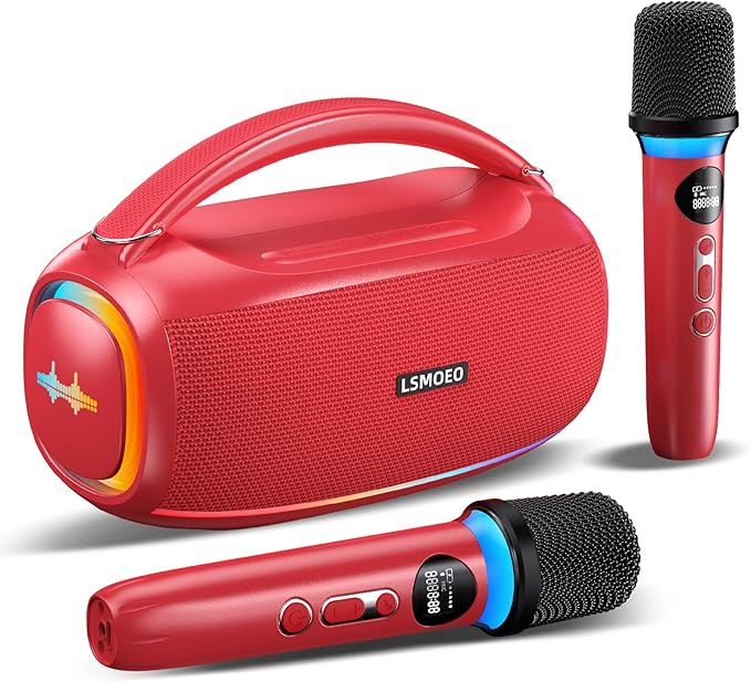 Karaoke Machine for Adults and Kids,Portable Bluetooth 2 Wireless Karaoke Microphone with Holder/USB/TF Card/AUX-in, IPX5 PA Speaker System for Home Party, Picnic,Car,Outdoor/Indoor-Red