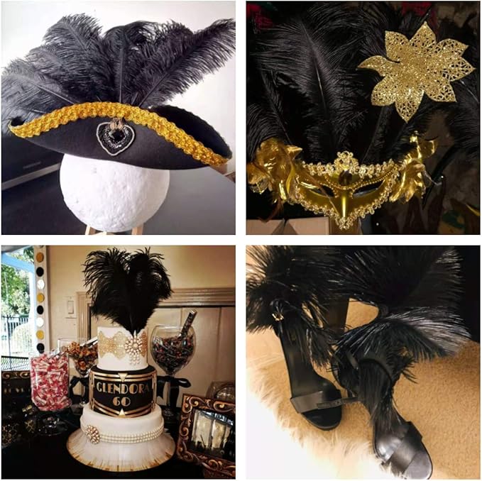 Ballinger Black Ostrich Feathers Bulk - 24Pcs 8-10inch Feathers for Crafts,Gatsby and Halloween Party Centerpieces