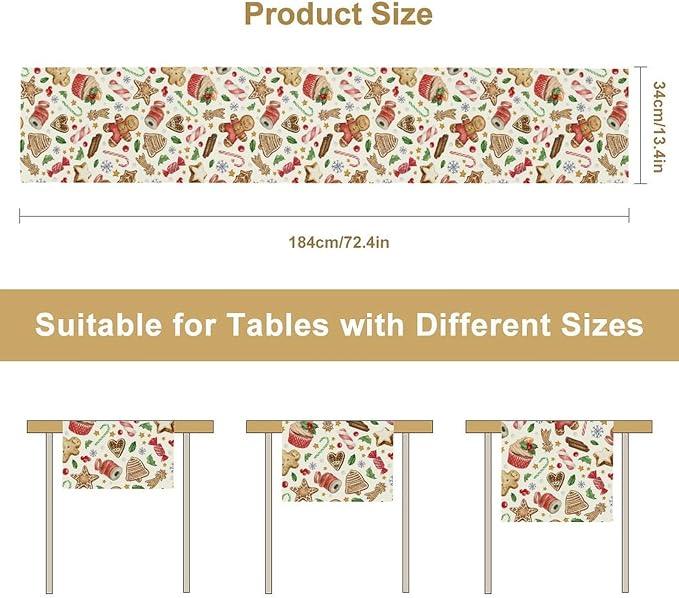 Christmas Table Runner, Christmas Gingerbread New Year Xmas Table Cloth Kitchen Dining Table Decoration for Home Party Decor 13x60 Inch