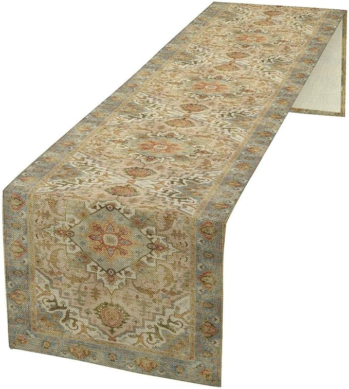 Vintage Boho Floral Table Runner, Rustic Country Farmhouse Yellow Blue Retro Flower Pattern for Home Kitchen Table Decor Dining Coffee Room Party Decor 13x60in