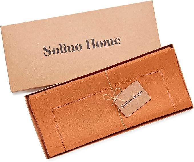 Solino Home Linen Pumpkin Table Runner 144 Inches Long - 100% Pure Linen Extra Long Table Runner 14 x 144 Inch - Classic Hemstitch - Fall, Autumn, Halloween, Thanksgiving, Holiday