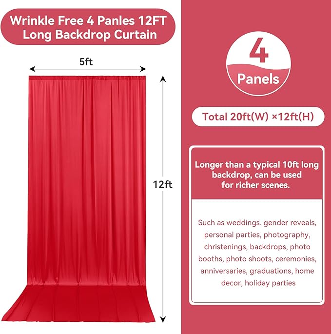 20ftx12ft Wrinkle Free Red Backdrop Curtain, 4 Panels 12FT Height Red Wedding Backdrop Drapes, Silky Polyester Back Drop Cloth for Birthday Photography Background Party Backdrop Draping