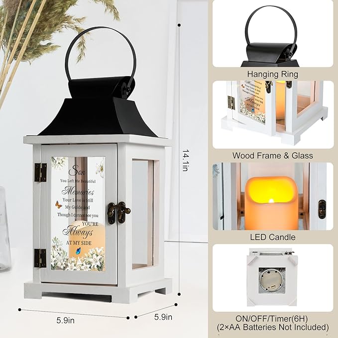Decorative Candle Lantern, Wood and Iron Memorial with LED Flame and Gift Box