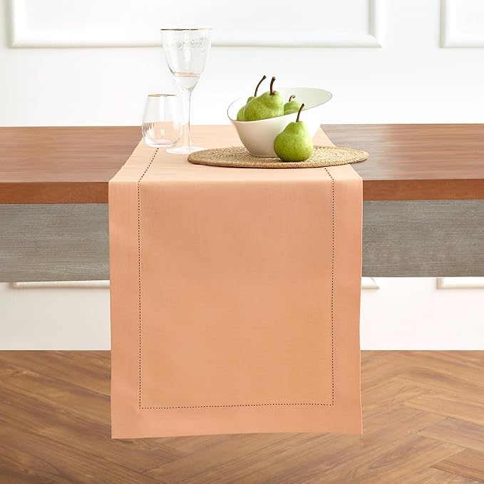 Solino Home Cotton Linen Table Runner 108 Inches Long - Hemstitch Peach Bloom Dining Table Runner 14 x 108 Inch