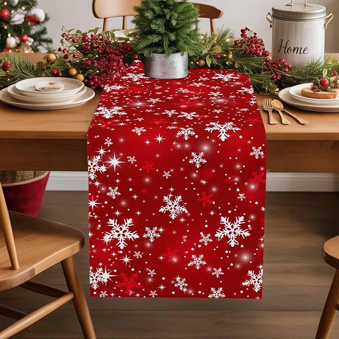 Christmas Snowflakes Cotton Linen Table Runner for Dining Kitchen, Red Xmas Winter Snow Wedding Outdoor Party Tablerunners Decoration, New Year Dresser Scarf Coffee Tablecloth Runners 13x48 Inches