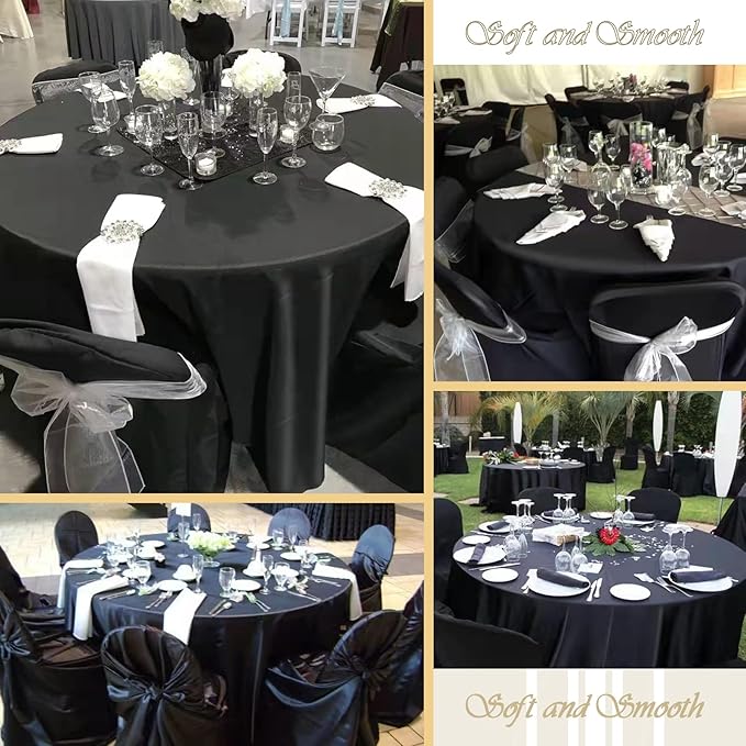 fani 12 Pack 120 Inch Black Satin Tablecloth - Premium Bright Silky Round Tablecloth Overlay Smooth Fabric Table Cover, Table Decoration for Wedding Party Banquet Events Restaurant Kitchen Dining