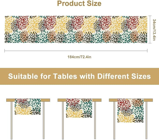 Green Red Dahlia Flower Table Runner Chrysanthemum Geometric Kitchen Dining Bedroom Living Room Table Decor for Indoor Outdoor Home Party, 13x120 Inch