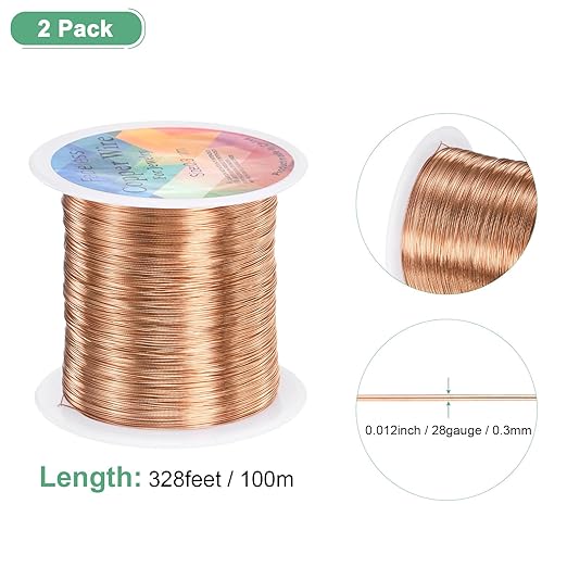 2-Rolls 0.3mm Jewelry Wire, 28 Gauge 328FT Craft Wire Copper Beading Wire for Jewelry Making/Planting/Weaving/DIY Crafting, Soft Metal Wires [100M, Copper Tone]
