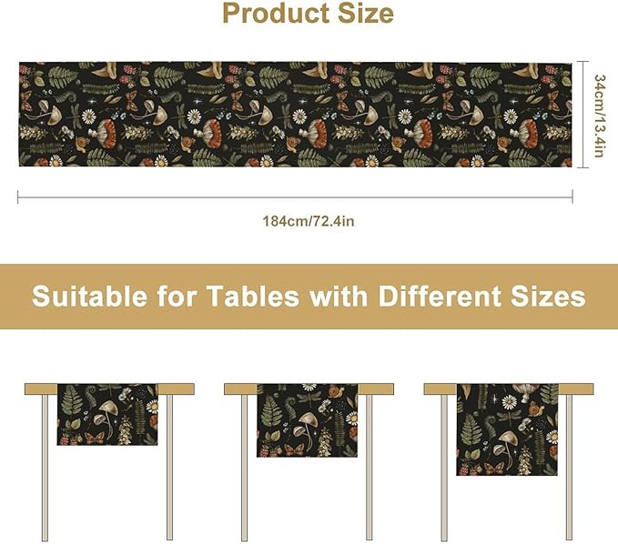 Mushroom Table Runner,Retro Forest Plant Table Runner for Kitchen Dining Table Home Party Decoration 13x90 Inch