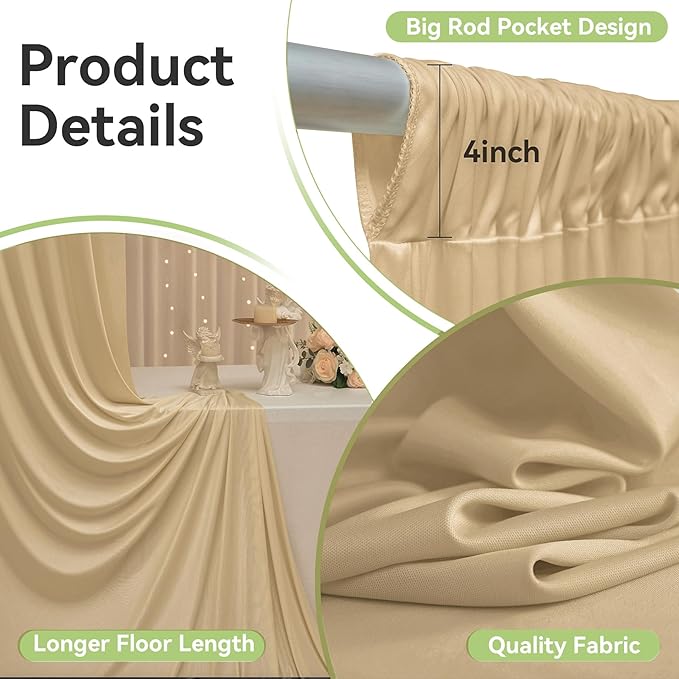 10ftx12ft Wrinkle Free Beige Backdrop Curtain, 2 Panels 12FT Height Beige Wedding Backdrop Drapes, Silky Polyester Back Drop Cloth for Birthday Photography Background Party Backdrop Draping