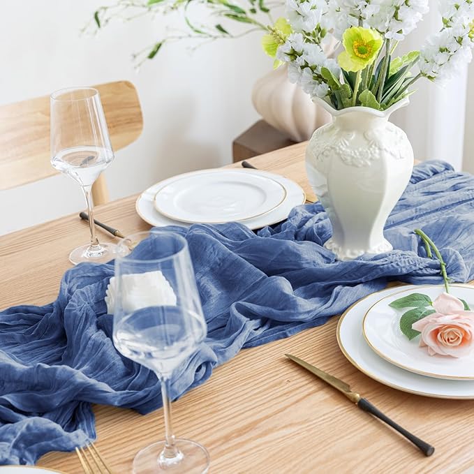Asee'm 6pcs Cheesecloth Table Runner 120 Inches Long Blue Boho Gauze Cheese Cloth Runner 10FT Rustic Sheer Table Runners for Christmas Wedding Party Baby Shower Spring Easter Decoration