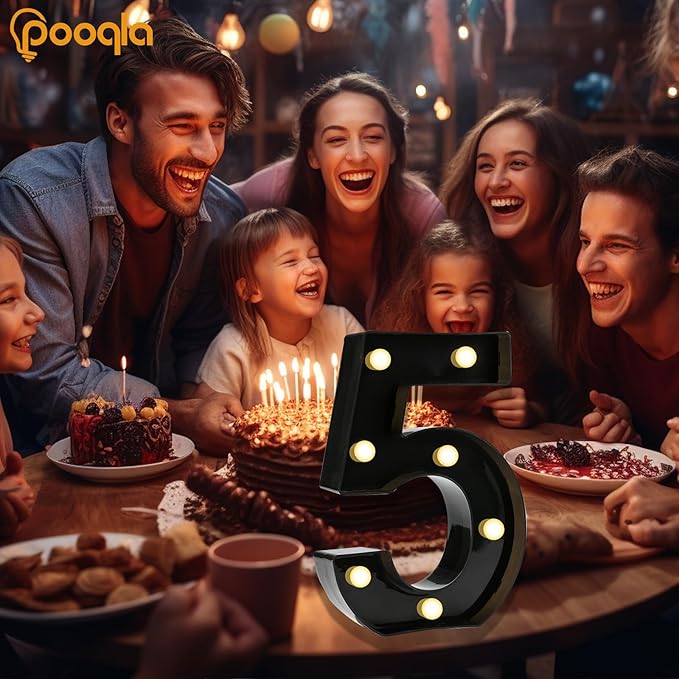 Pooqla Decorative Led Light Up Number Letters, Black Plastic Marquee Number Lights Sign for 5th 15th 50th Birthday Party Wedding Decor Battery Operated Black Number 5