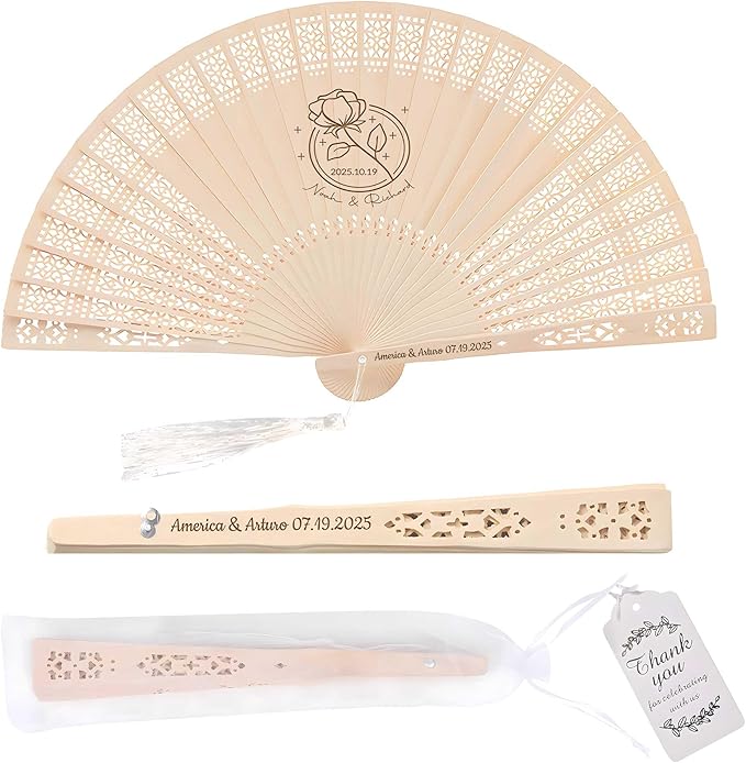 100 PCS Custom Fans Personalized Folding Fans for Line Dancing Wooden Hand Fan Wedding Favors Bulk Fans for Guests Party Event Use (Style10)