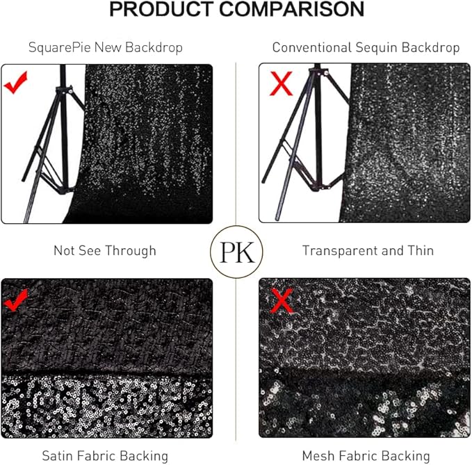 SquarePie Sequin Backdrop Curtain 8FT x 10FT Black Satin Backing Fabric Photography Background for Wedding Patry 4FT x 10FT 2 Panels