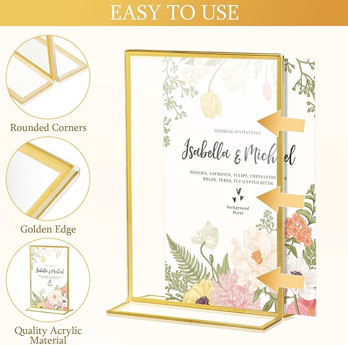Hoteam 18 Pack Acrylic Sign Holder 4 x 6 Inch Gold Frames Wedding Table Number Holders, Double Sided Picture Frame Clear Display Menu Stand for Home Photo Flyers Wedding Party (Vertical)