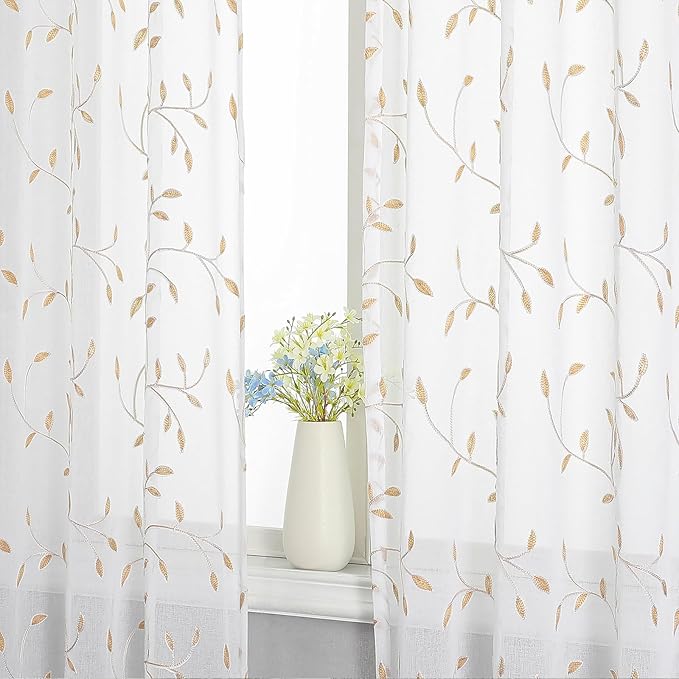 VISIONTEX White Sheer Voile Curtains, Decorative Orange Leaves Embroidery Faux Linen Rod Pocket Window Drapes for Home Kitchen, Living Room and Bedroom 54 x 72 Inch, Set of 2 Curtain Panels