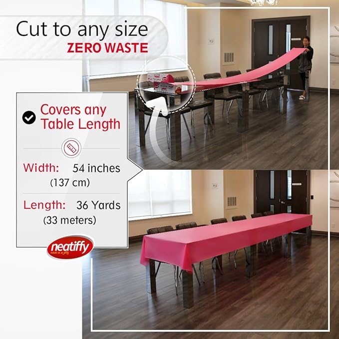 Pink Disposable Plastic Tablecloth Roll with Slide Cutter, 54 x 1296 Inch