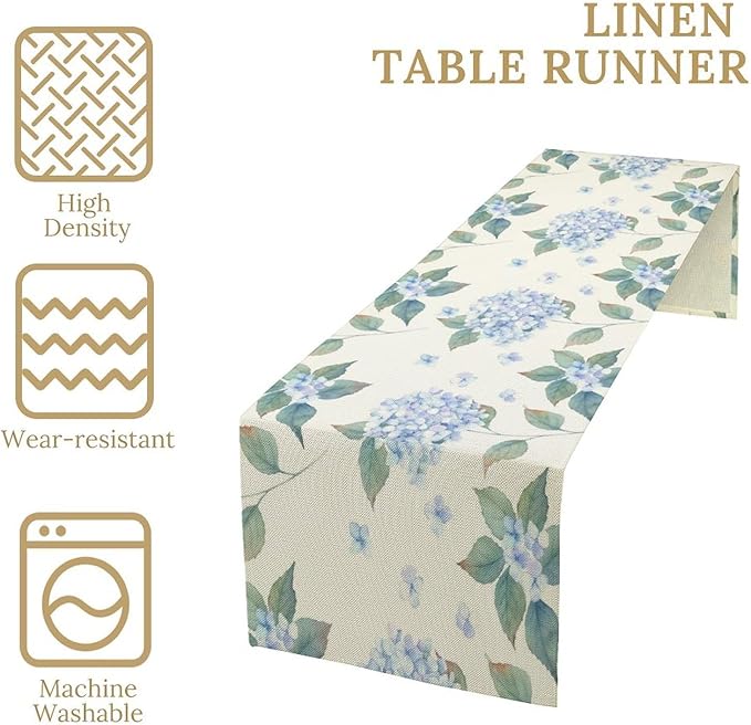 Spring Hydrangea Flower Table Runner, Seasonal Summer Plants Watercolor Blue Florals Dinner Runner for Home Kitchen Dining Table Party Holiday Decoration 13"x36"