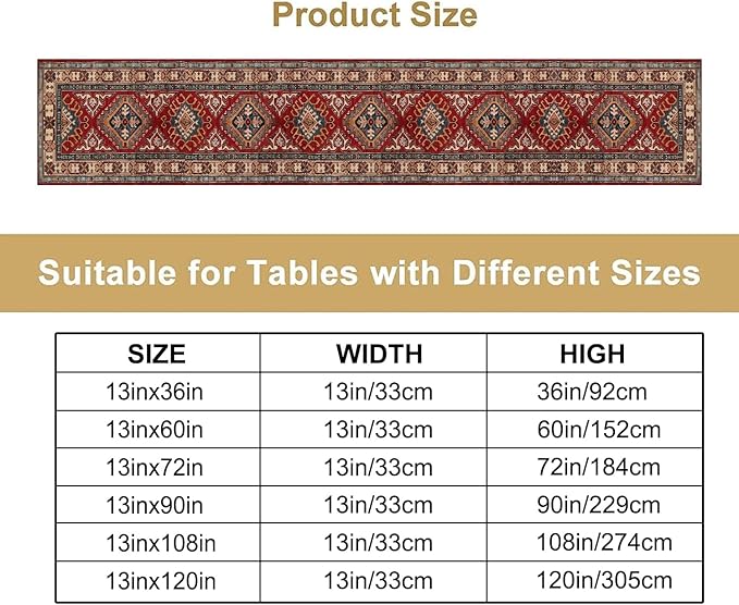 Boho Floral Vintage Table Runner, Red Grey Retro Flower Rustic Country Farmhouse Abstract Pattern for Home Kitchen Table Decor Dining Coffee Room Party Decor 13x90in