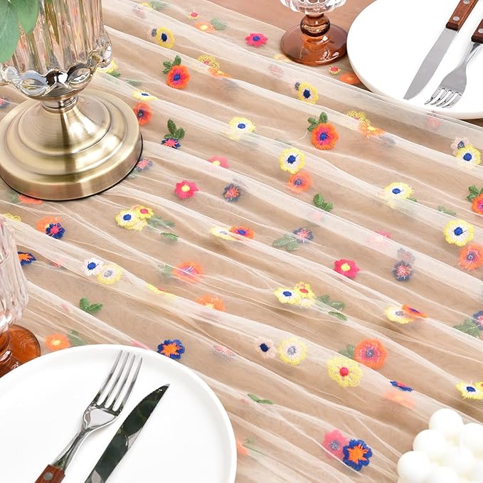Joanlody Champagne Embroidery Daisy Fall Thanksgiving Table Runner 10ft Florals Seasonal Tulle Table Runner Holiday Kitchen Dining Table Decoration for Home Party Indoor