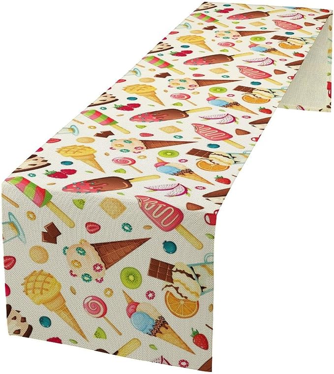 Ice Cream Table Runner, Fruit Ice Popsicles Cold Summer Desserts Seasonal Dinner Runner for Party Holiday Home Kitchen Dining Table Decor 13"x36"