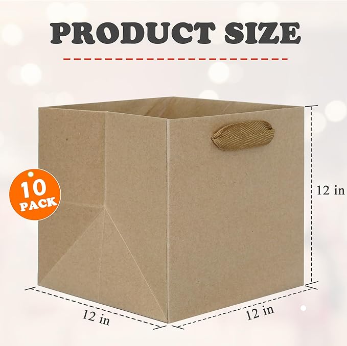 Paper Square Gift Bags with Handles, 12 x 12 x 12 Inch 10-Pack, Kraft Brown