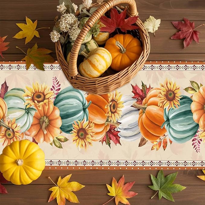 Fall Thanksgiving Southwest Cotton Linen Table Runner for Dining Kitchen, Orange Pumpkins Wedding Outdoor Party Rustic Tablerunners Decoration, Sunflower Dresser Scarf Tablecloth Runners 13x60 Inches