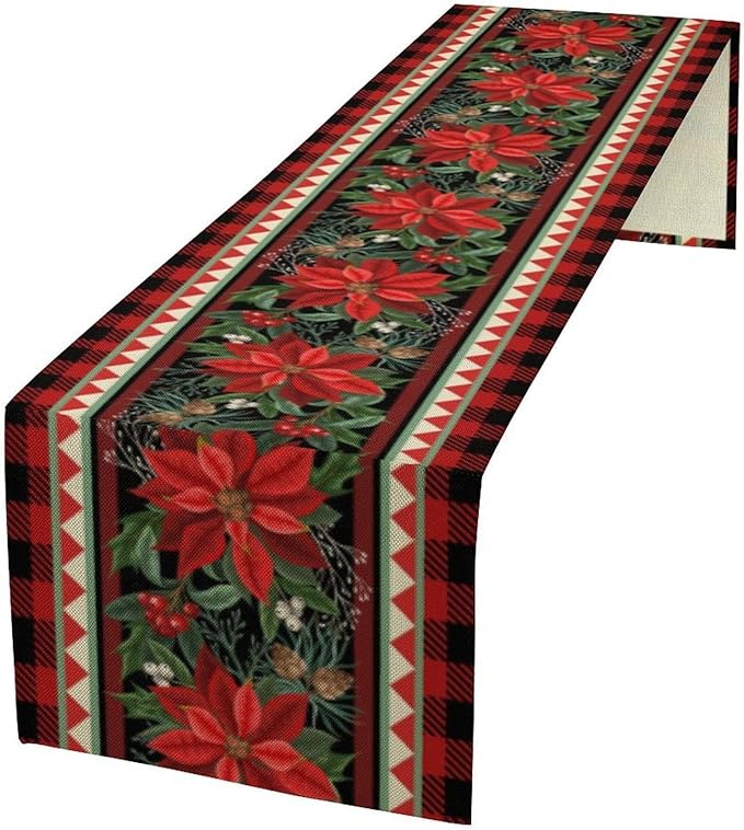 Christmas Table Runner,Seasonal Winter Xmas Holiday Plaid Table Cloth Kitchen Dining Table Decoration for Home Party Decor 13x90 Inch