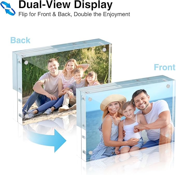 HOUSE DAY Acrylic Picture Frames 5x7, 2 Pack Magnetic 5x7 Picture Frame, Double Sided Clear 5 x 7 Photo Frame with Microfiber Cloth, Frameless FreeStanding 5x7 Frame Gift for Desktop Display