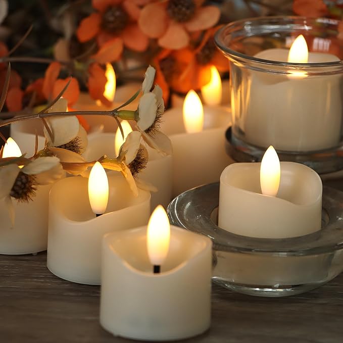 12 Pack Battery Operated Votive Candles 1.5 x 1.67 inches Flameless Votive Tealights Black Wick Tea Lights LED Electric Fake Candles Realistic for Wedding Christmas Thanksgiving Party Decoration