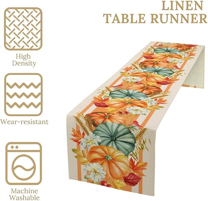 Autumn Table Runner,Orange Pumpkin Flowers Leaves Fall Table Runners Seasonal Kitchen Dining Table Decor for Thanksgiving Harvest Home Holiday Party 13x36 Inch