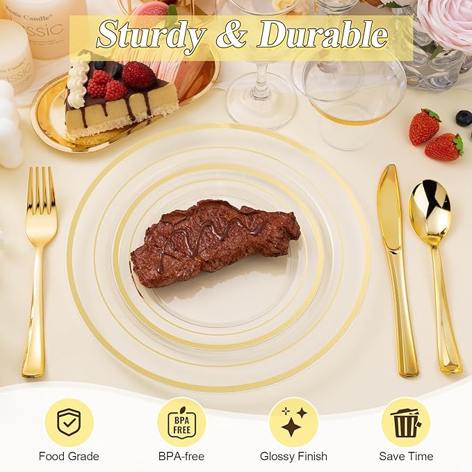 200PCS Clear Gold Plastic Plates Set, 100 10.25 inch Dinner Plates and 100 7.5 inch Dessert Plates, Disposable Plates for Party, Wedding