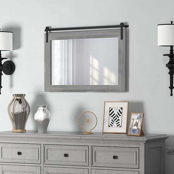 COGOOD Farmhouse Barn Door Mirror - 29" x 22" Rustic Wood Framed Wall Mirror for Bathroom, Living Room, Entryway Wall Decor (Grey)