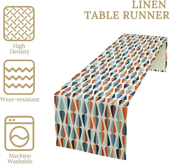 Mid Century Table Runner, Modern Style Retro Pattern Droplet Shapes Mosaic Tones Pattern Print for Home Kitchen Table Decor Dining Coffee Room Party Decor 13x60in
