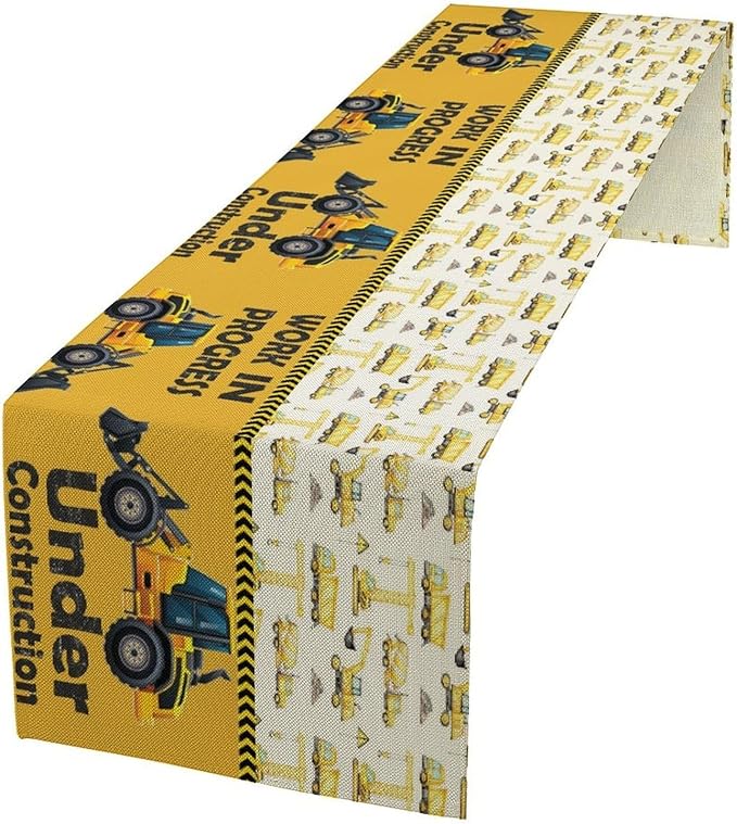 Cartoon Car Table Runner,Boys Kids Construction Vehicles Truck Yellow Print Tablecloth Burlap for Hotel Indoors Outdoor Dining Room Kitchen Home Decor,W13X L70 in