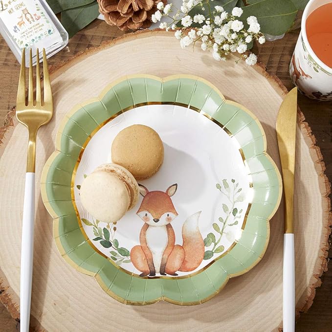 Kate Aspen Woodland Baby Shower Decorations, 62-Piece Disposable Paper Plates & Napkins Party Supplies for 16 Guests - Woodlands Animals Theme for Baby Boy Shower Table Decorations, Gender Reveal