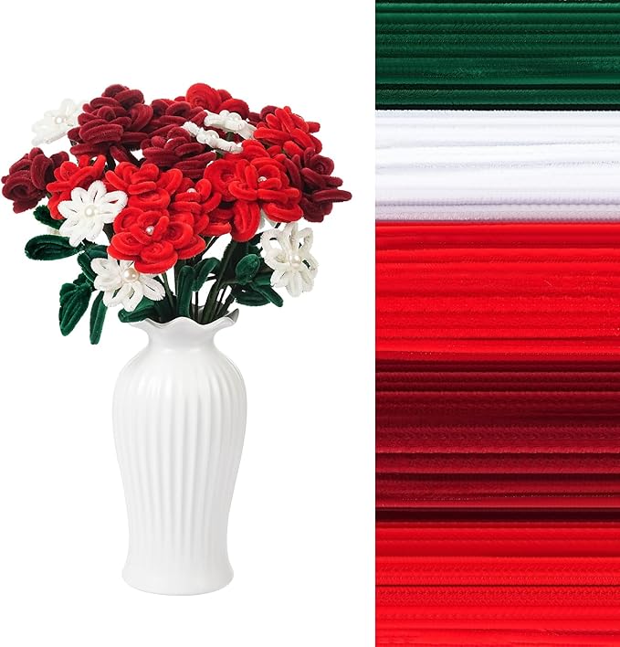 400 Pcs Red Pipe Cleaners for Crafts, 4 Colors Soft Chenille Stems Bulk with Floral Wires, Gardening Tape,Hot Glue Stick，Greeting Card,Bouquet Paper, Pearl & Ribbon, Flowers Craft kit for Christmas