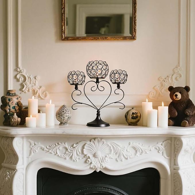 2 Pcs 3-Arm Heart Tea Light Candle Holder - Crystal & Metal Wedding Centerpiece Decor, Sparkling Table Decor for Anniversaries/Romantic Tabletop Home/Dinner Party/Events (2, Black)