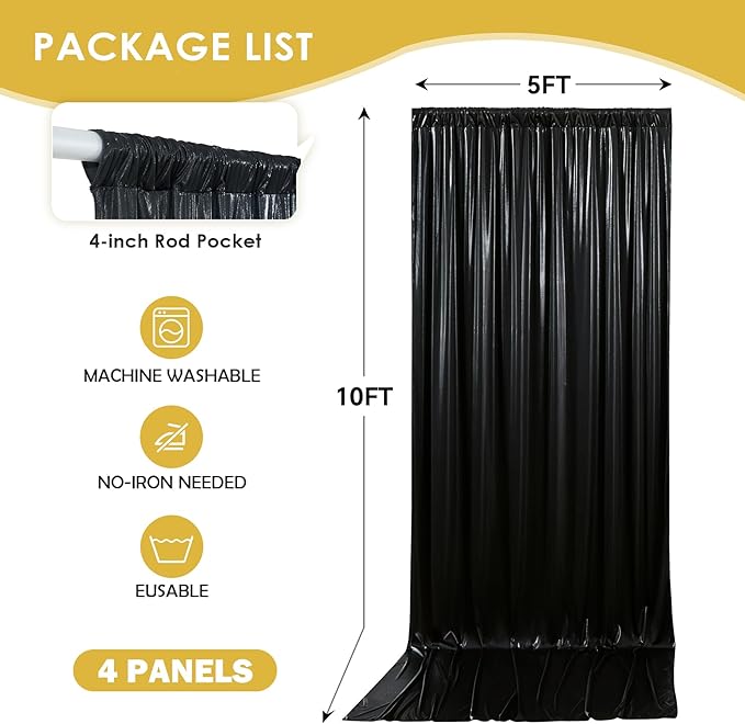 Sequin Backdrop Curtain Black, 4-Panel Glitter Polyester with Rod Pocket
