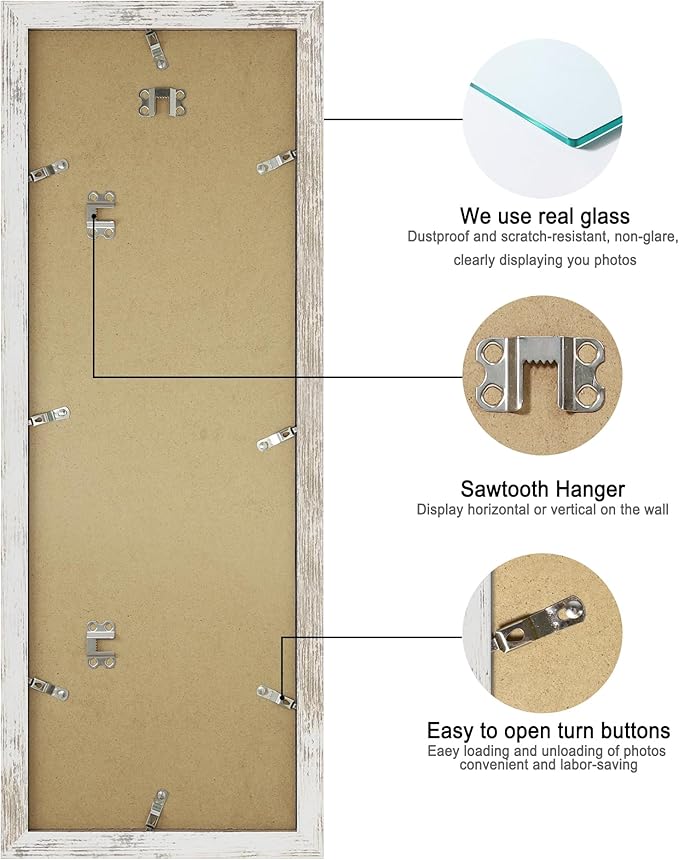 8x24 Picture Frame 2 Pack, Distressed White Wood Frame with Tempered Glass, Display Pictures Multiple Five 4x6 With Mat or 8 x 24 Without Mat - Horizontal or Vertical Wall Mounting