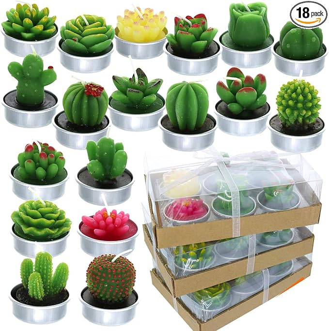 GIFTEXPRESS 18 Pcs Succulent Cactus Candles No Repeat Style, Delicate Smokeless Scented Tealight Candles for Home Décor, SPA, Wedding, Valentine's Day, Birthday Gift, Anniversary Celebration