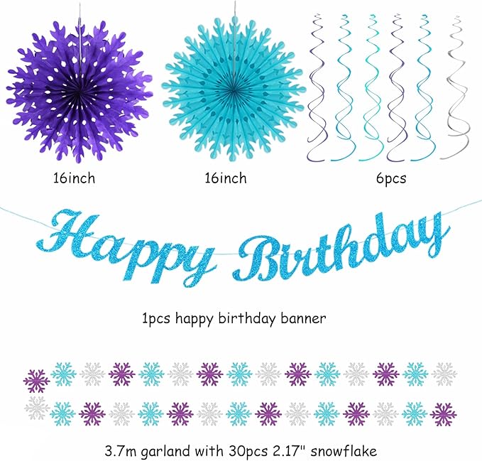 Banners Winter Wonderland Party Kit, Paper Decor in Blue, Purple and Teal