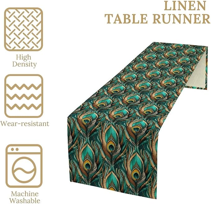 Peacock Feather Table Runner,Retro Aesthetic Green Table Runner for Home Kitchen Dining Party Indoor Outdoor Decoration 13x108 Inch