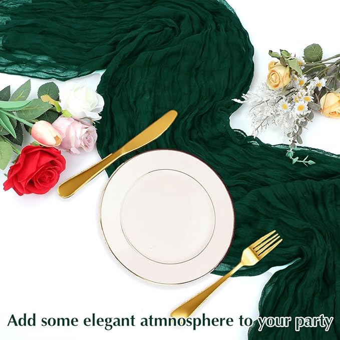 10 Pack Blackish Green Cheesecloth Table Runner -21*120Inch Long Boho Wedding Table Decor, Rustic Gauze Fabric Runner for Bridal Showers, Baby Showers & Parties (Sheer, Lightweight, Wrinkled Design)