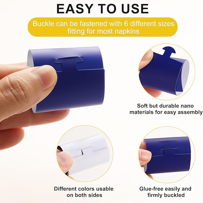 Polymer Material Reusable Napkin Band, Glue-Free Tear-Proof Water Resistant Oil-Proof Napkin Bands Set of 100(Front Blue Color and Back White), 6 Adjustable Sizes Napkin Rings