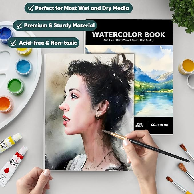 Soucolor Watercolor Paper Pad, 9"x12" Water Color Paper, 140lb/300gsm 40 Sheets Artist Painting Drawing Paper Book, Art Supplies for Adults Kids, Watercolor Paint Set, Sketchbook, Journal, Notebook