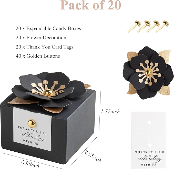Gift Boxes, 20 Black Candy Boxes with White Floral Decor and Tags