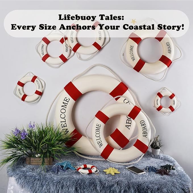 MorroMorn Lifebuoy Wall Hanging Decor - Welcome Aboard Mediterranean Style Home Decoration (Red, 8")