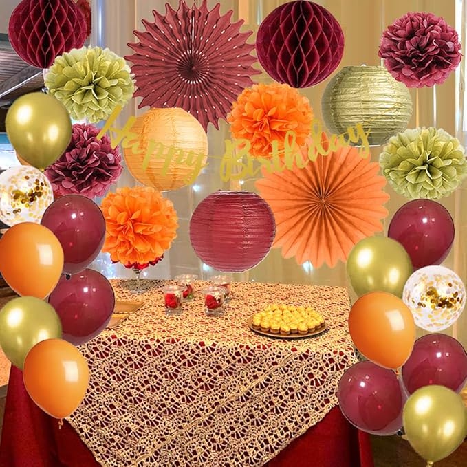 Tissue Pom Poms for Fall Birthday Party, Burgundy Orange and Gold Decor Set