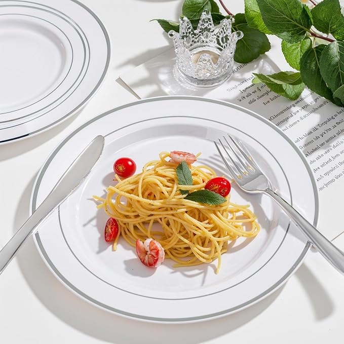 WDF 180 Pieces Silver Plastic Silverware - Silver Plastic Cutlery - Fancy Plastic Silverware Heavy Duty - 60 Forks 60 Knives 60 Spoons - Disposable Plastic Utensils Perfect for Party/Wedding/Christmas